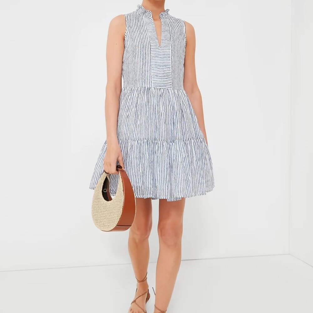 OLIPHANT Cotton Print Mini Dress Blue & White Striped Size XL